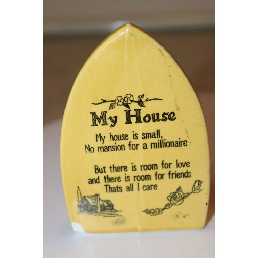Vintage Iron Shaped Yellow Salt and Pepper Shaker Set My House Inscription